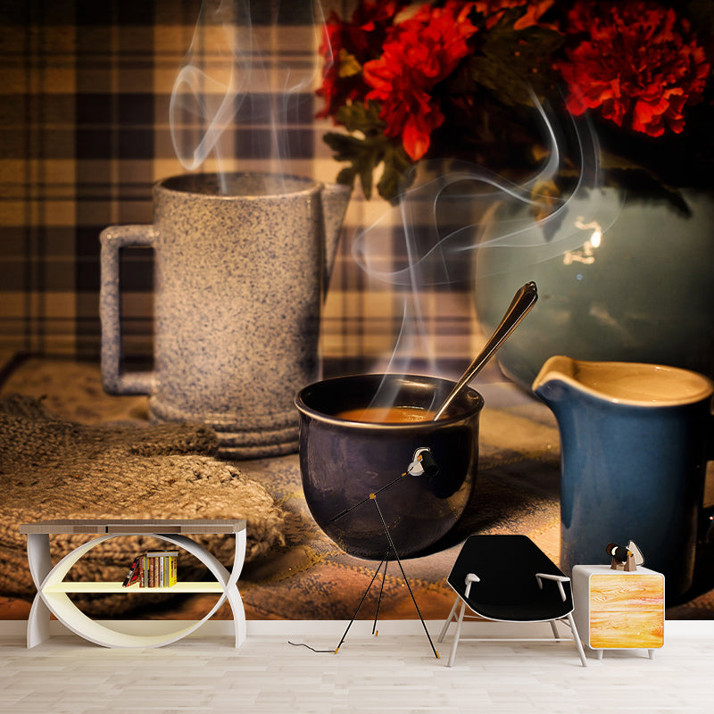 Coffee Mural Wallpaper Contemporary Mildew Resistant Commerce Shop Decoration