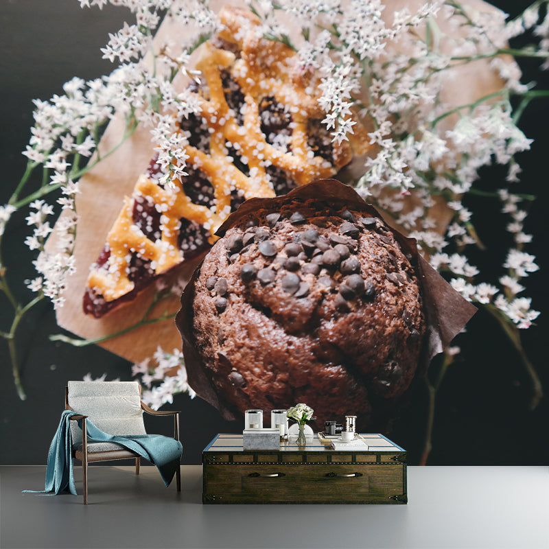 Customized Tasty Chocolate Muffins Mural Mildew Resistant Wallpaper for Baking Shop