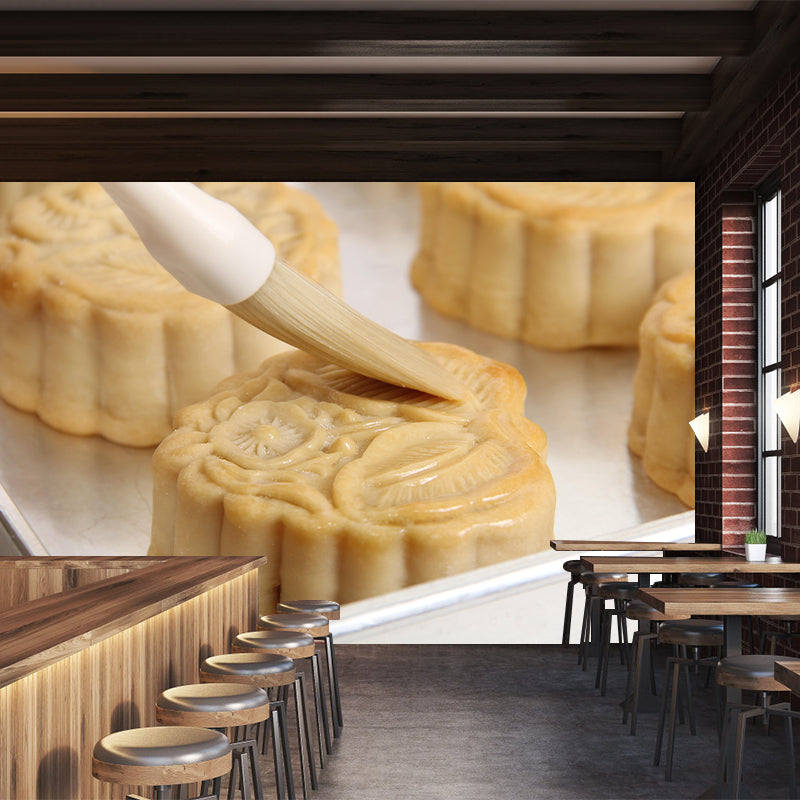 Tasty Mooncake Dessert Mildew Resistant Mural Wallpaper for Baking Shop