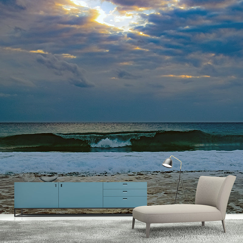 Blue Coastal Sea Wall Covering for Sitting Room Water Resistant, Made to Measure