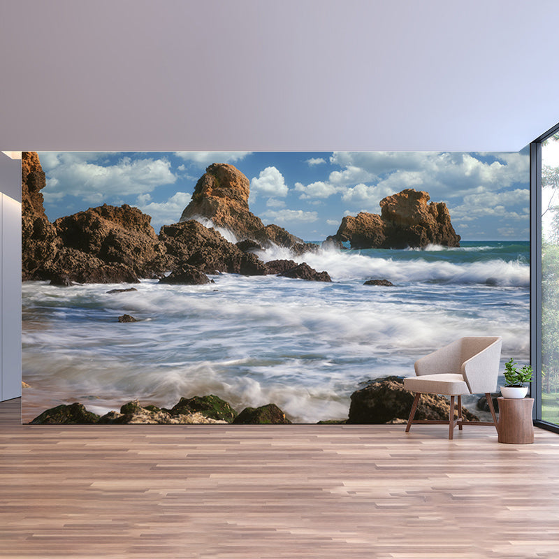 Blue Coastal Sea Wall Covering for Sitting Room Water Resistant, Made to Measure