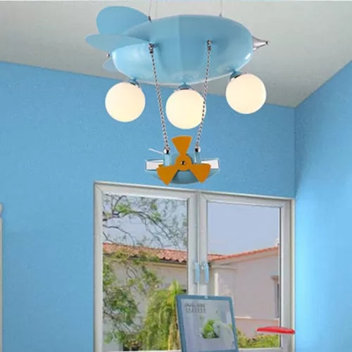Kids Airplane Pendant Light 3 Heads Metal Chandelier with Ship in Blue for Boys Bedroom