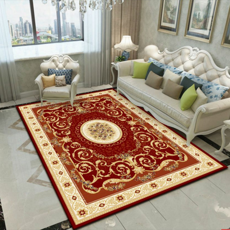 Dark Red Carpet Polyester Graphic Carpet Washable Area Carpet for Living Room