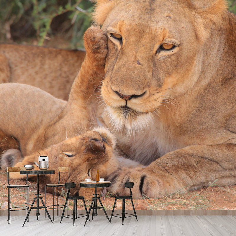 Modern Lioness Mural Wallpaper Moisture Resistant Living Room Wall Covering