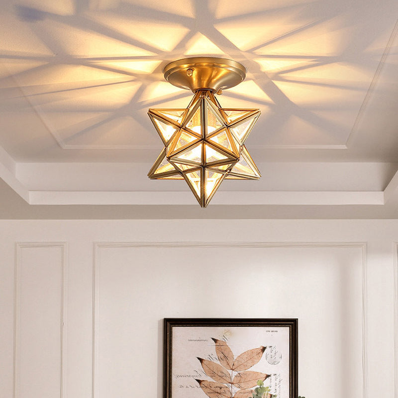 Montaje empotrado de latón y vidrio en estilo colonial retro, accesorio de techo con estrella de cobre para pasillo