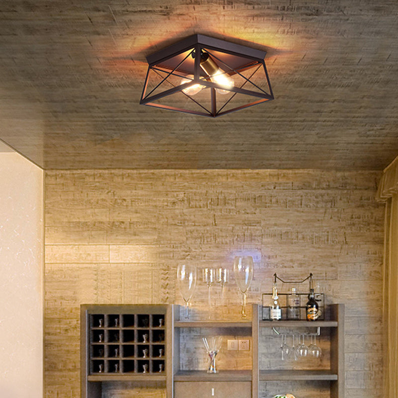 Cadre de fer Black Ceiling Light in Industrial Retro Style Wrought Iron Geometric Flush Mount