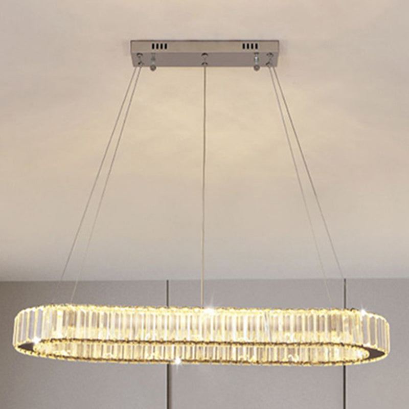 Crystal Silver LED Island Light in Modern Style Stainless-Steel Oval Pendant Light for Dining Room