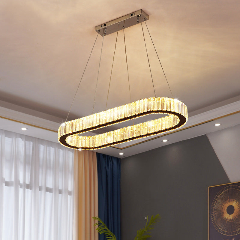 Crystal Silver LED Island Light in Modern Style Stainless-Steel Oval Pendant Light for Dining Room