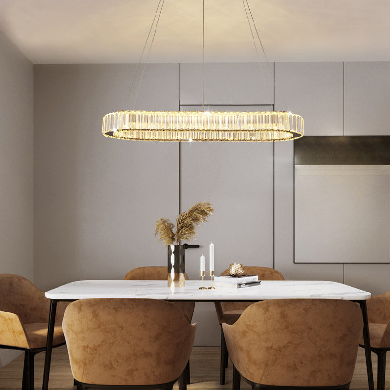 Crystal Silver LED Island Light in Modern Style Stainless-Steel Oval Pendant Light for Dining Room
