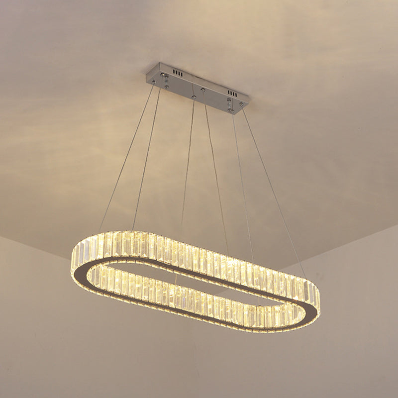 Crystal Silver LED Island Light in Modern Style Stainless-Steel Oval Pendant Light for Dining Room