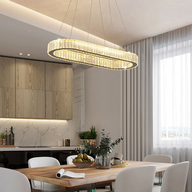 Crystal Silver LED Island Light in Modern Style Stainless-Steel Oval Pendant Light for Dining Room