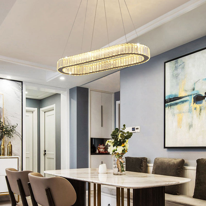 Crystal Silver LED Island Light in Modern Style Stainless-Steel Oval Pendant Light for Dining Room