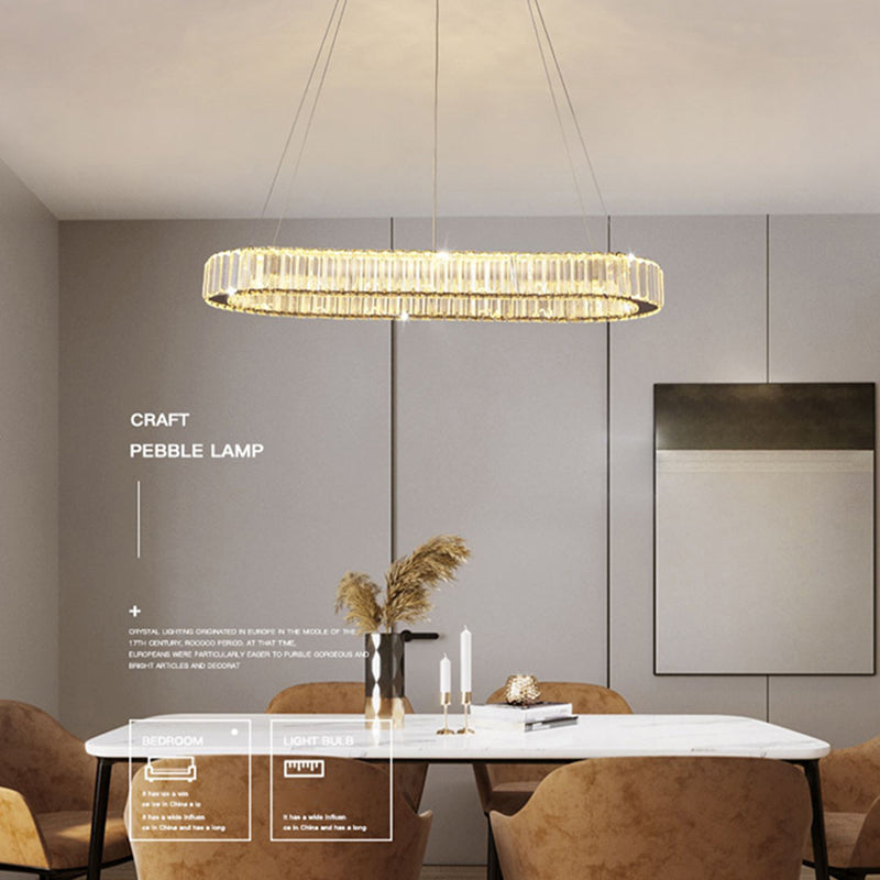Crystal Silver LED Island Light in Modern Style Stainless-Steel Oval Pendant Light for Dining Room