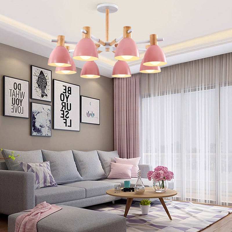 Modern Creative Sputnik Pendant Light Wooden Macaron Chandelier with Wrought Iron Shade