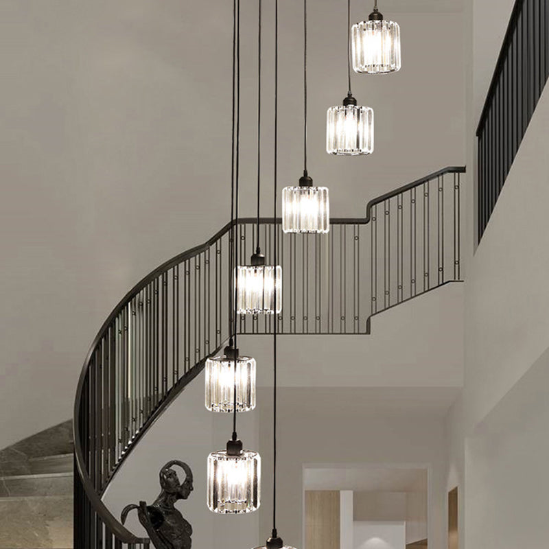 Lacquered Iron Black Hanging Lamp in Modern Luxury Style Crystal Cylindroid Pendant Light for Stairs