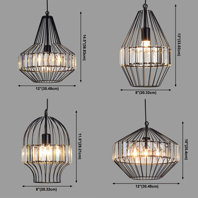 Illuminazione a sospensione cristallina in gabbia geometrica Vintage Light Black Affermazione per ristorante