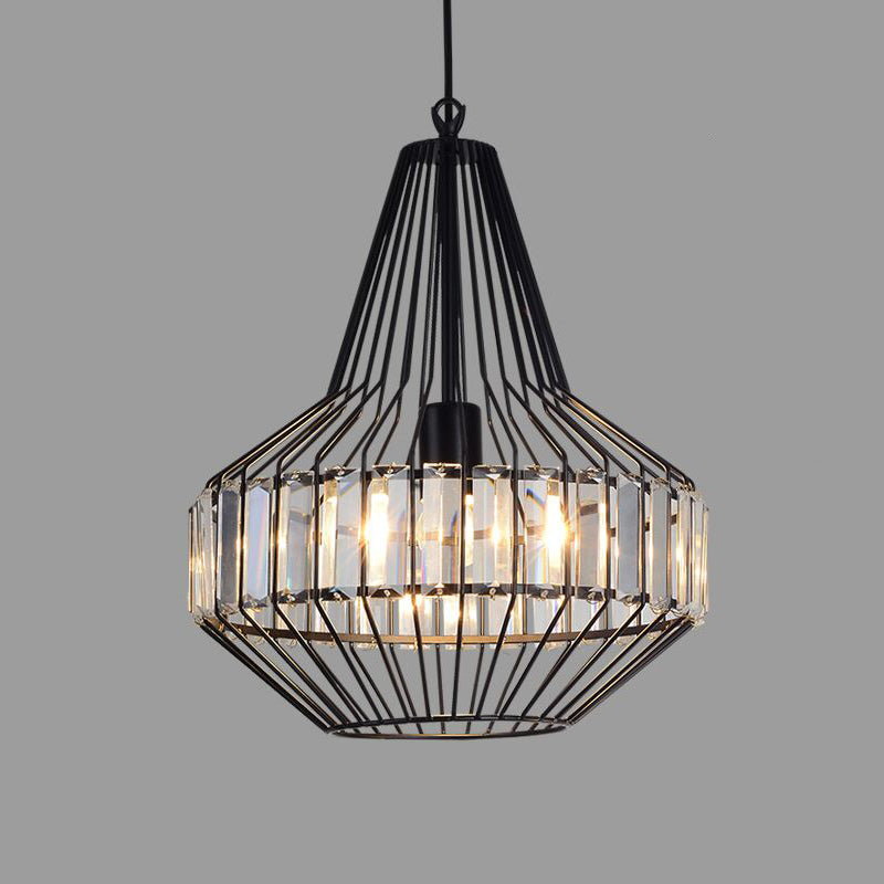 Illuminazione a sospensione cristallina in gabbia geometrica Vintage Light Black Affermazione per ristorante