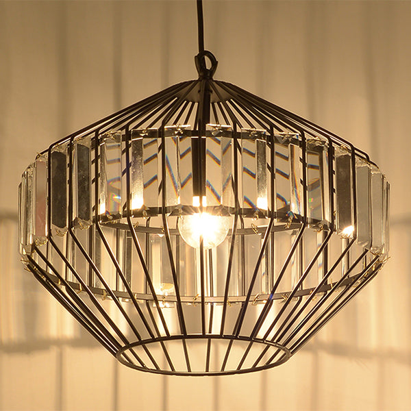 Geometric Caged Crystal Pendant Lighting Vintage 1-Light Black Ceiling Light for Restaurant