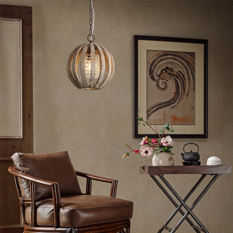 Houten bol hanglamp vintage 1-licht eetkamer hangend licht met kristallen kralen