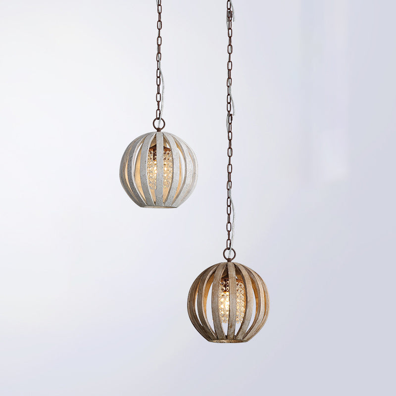 Houten bol hanglamp vintage 1-licht eetkamer hangend licht met kristallen kralen