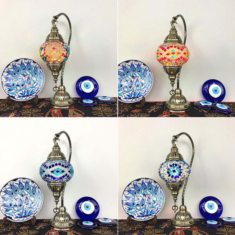 Asian Lantern Nightstand Light 1 Bulb Hand Cut Glass Night Lamp with Gooseneck Arm for Drawing Room