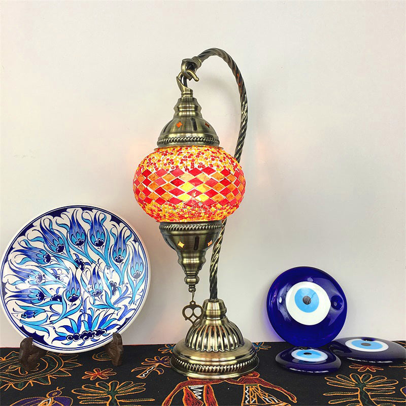 Asian Lantern Nightstand Light 1 Bulb Hand Cut Glass Night Lamp with Gooseneck Arm for Drawing Room