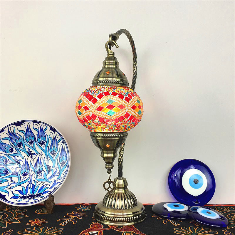 Asian Lantern Nightstand Light 1 Bulb Hand Cut Glass Night Lamp with Gooseneck Arm for Drawing Room