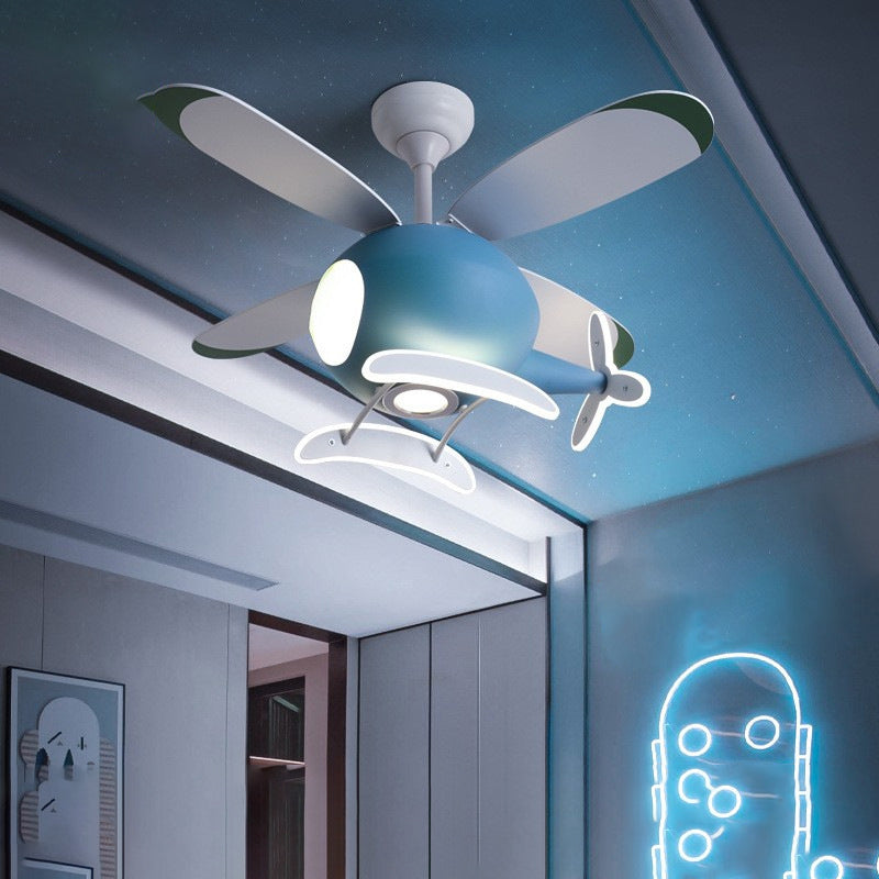 Wooden LED Fan Pendant in Kids Creative Style Iron Airplane Hanging Lamp with Acrylic Shade