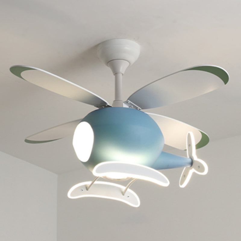 Wooden LED Fan Pendant in Kids Creative Style Iron Airplane Hanging Lamp with Acrylic Shade