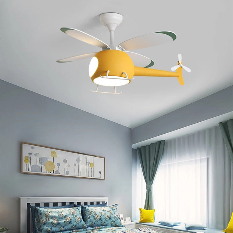 Wooden LED Fan Pendant in Kids Creative Style Iron Airplane Hanging Lamp with Acrylic Shade