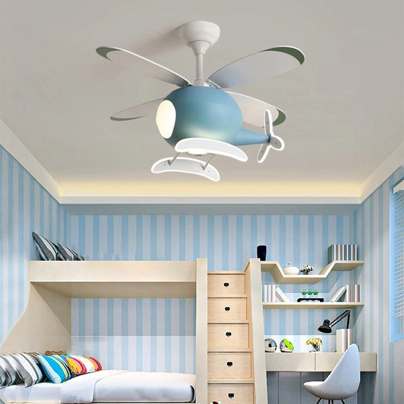 Wooden LED Fan Pendant in Kids Creative Style Iron Airplane Hanging Lamp with Acrylic Shade