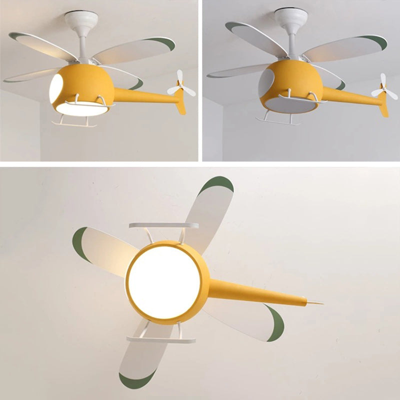 Wooden LED Fan Pendant in Kids Creative Style Iron Airplane Hanging Lamp with Acrylic Shade