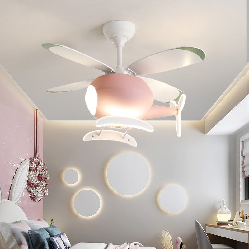 Kids Creative Airplane LED Pendant Light Wrought Iron Fan Light with Acrylic Shade