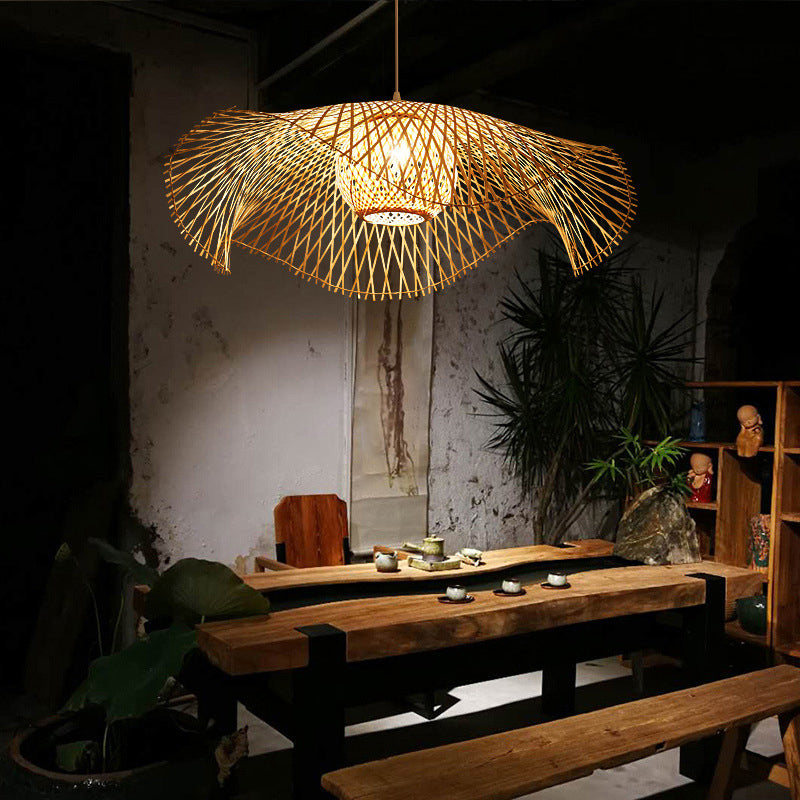 Beige Asia Pendulum Light Rattan 1-Light Hanging Ceiling Light for Dining Room