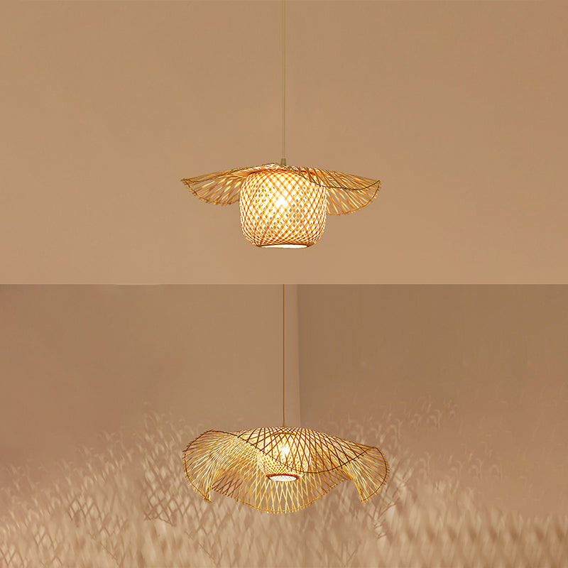 Beige Asia Pendulum Light Rattan 1-Light Hanging Ceiling Light for Dining Room