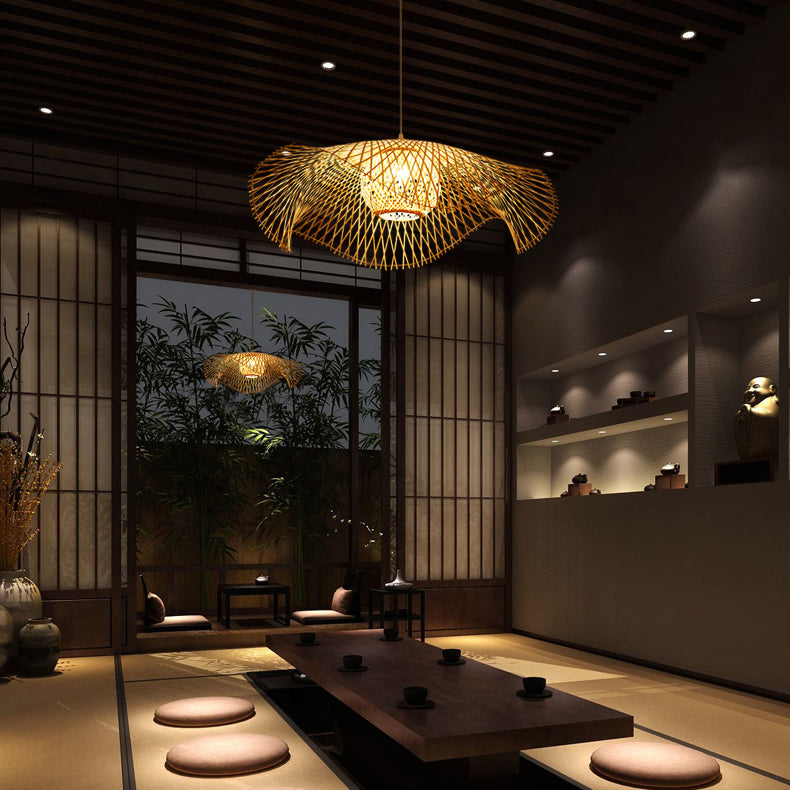Beige Asia Pendulum Light Rattan 1-Light Hanging Ceiling Light for Dining Room
