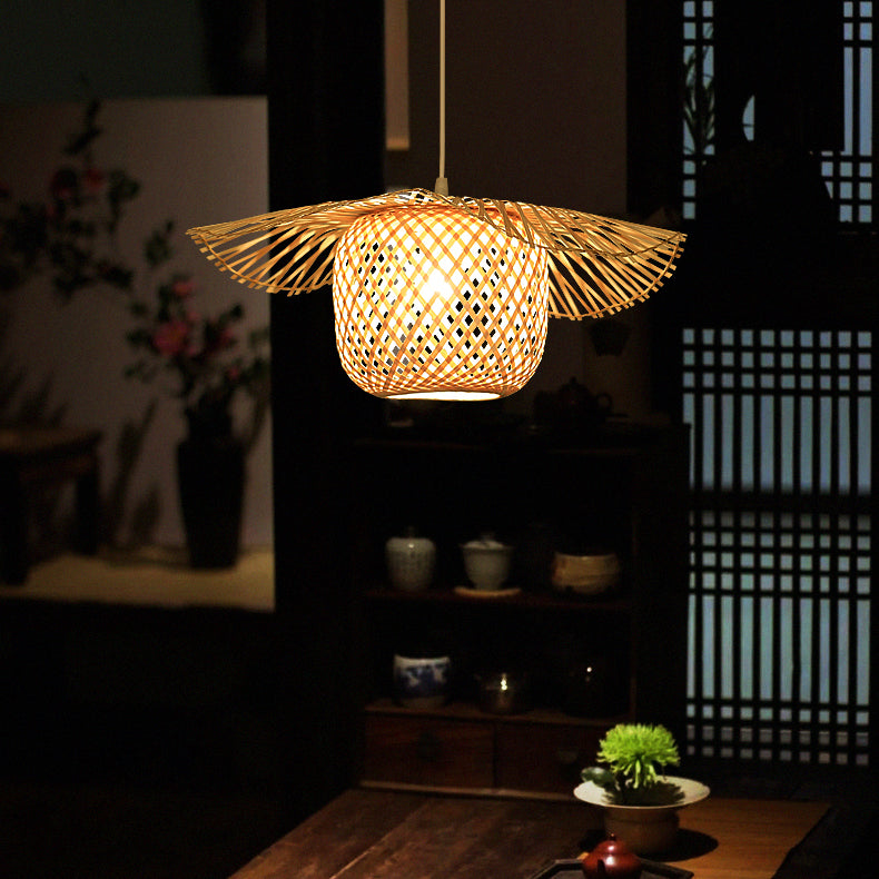 Beige Asia Pendulum Light Rattan 1-Light Hanging Ceiling Light for Dining Room