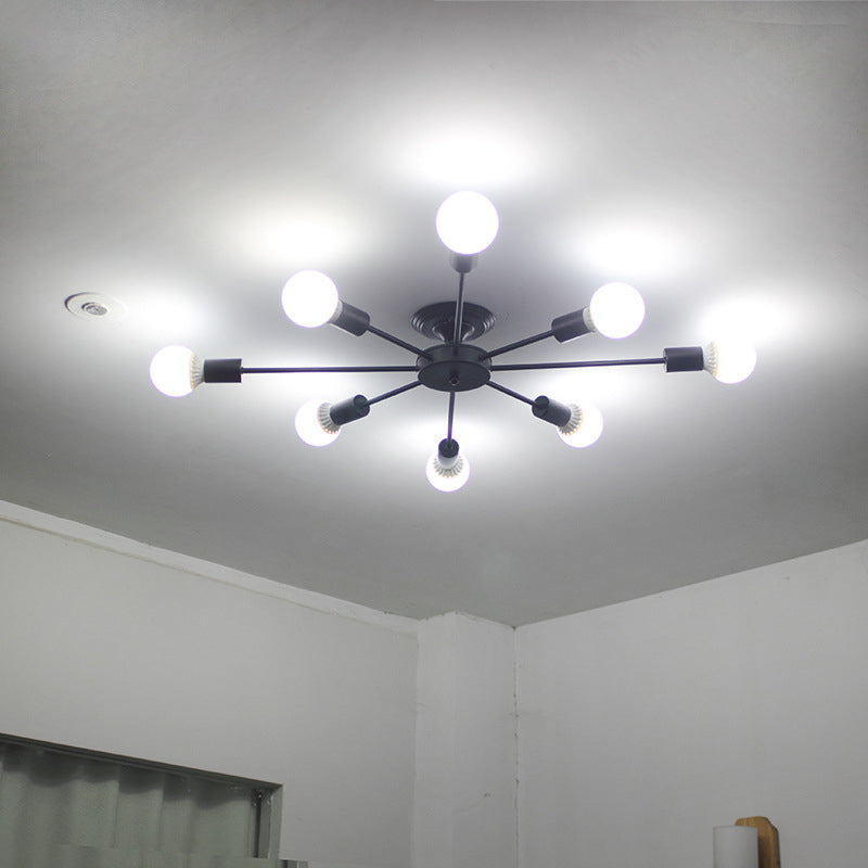 Lámpara de techo negra de 8 luces, estilo industrial retro, hierro Sputnik, montaje semiempotrado para sala de estar