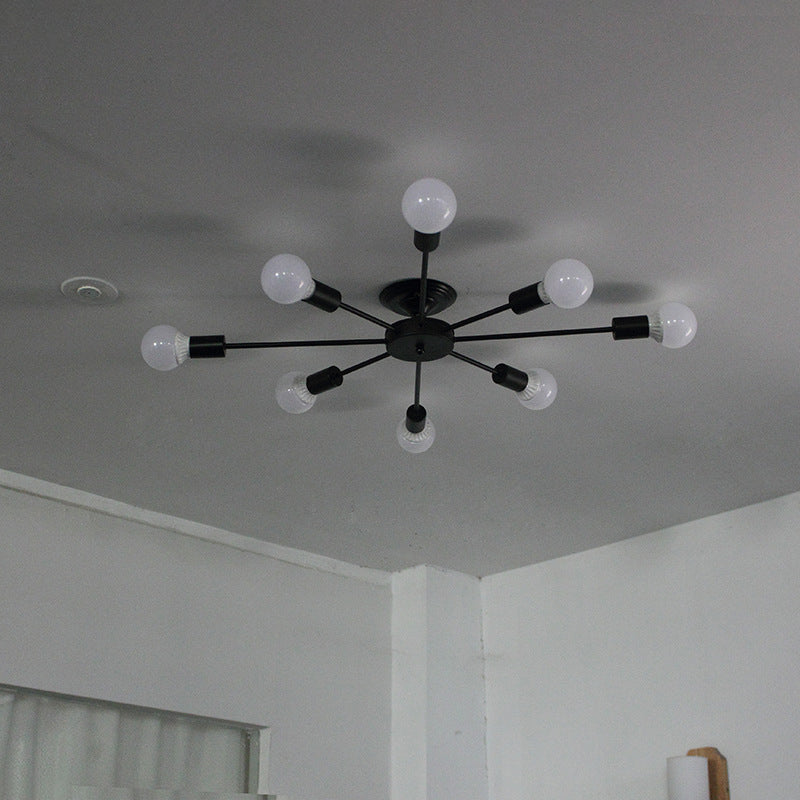 Lámpara de techo negra de 8 luces, estilo industrial retro, hierro Sputnik, montaje semiempotrado para sala de estar
