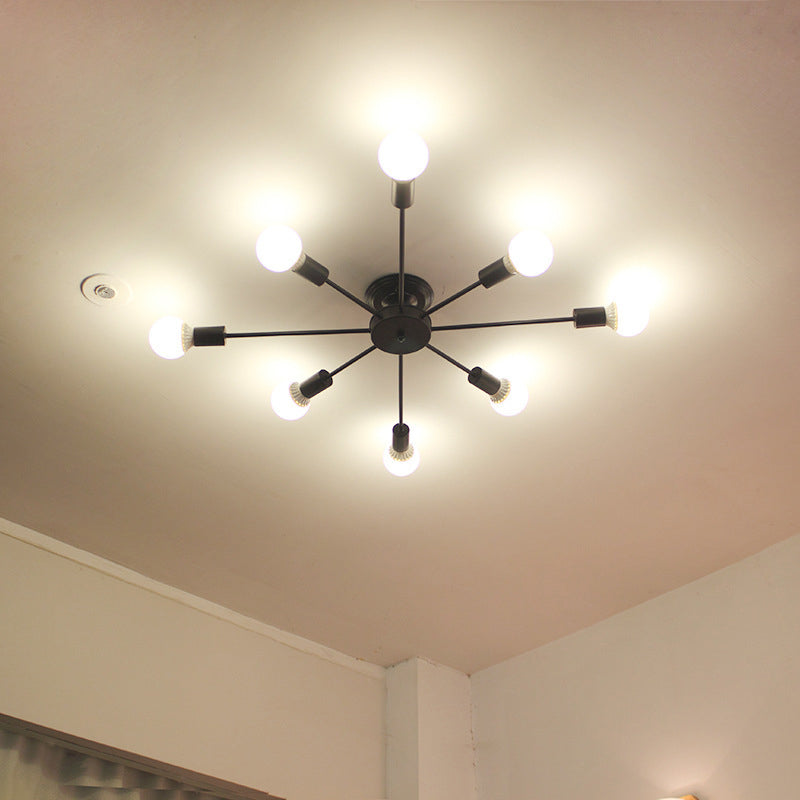 Lámpara de techo negra de 8 luces, estilo industrial retro, hierro Sputnik, montaje semiempotrado para sala de estar