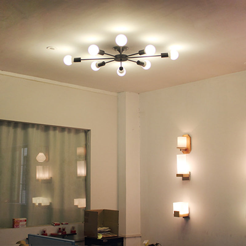 Lámpara de techo negra de 8 luces, estilo industrial retro, hierro Sputnik, montaje semiempotrado para sala de estar