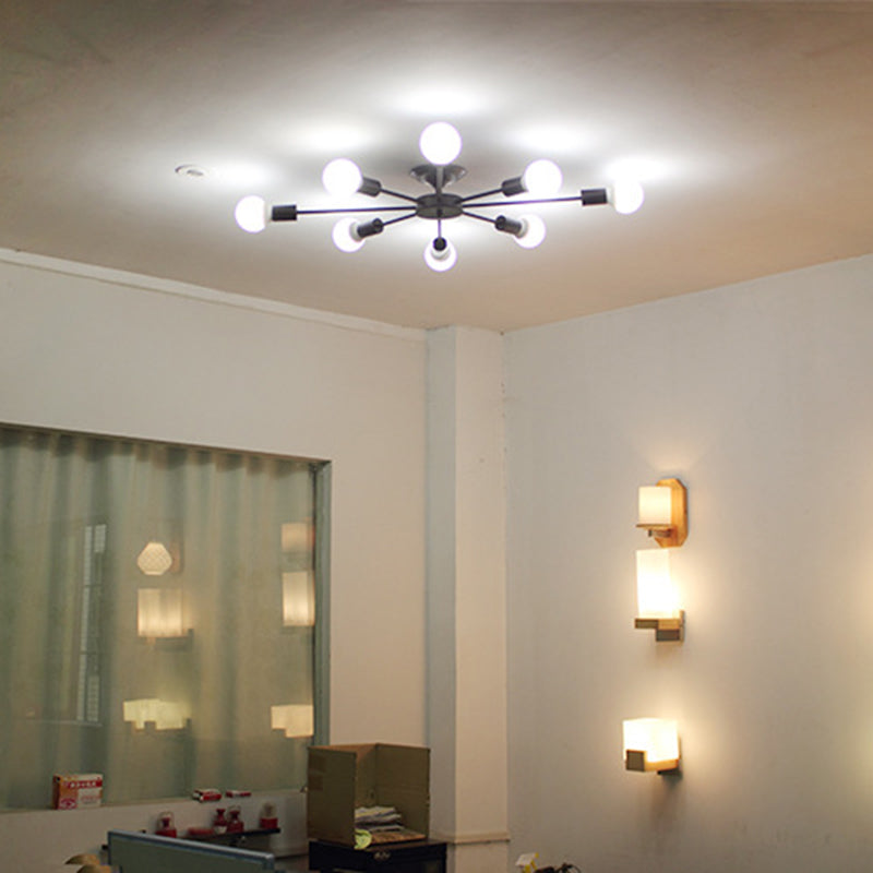 Lámpara de techo negra de 8 luces, estilo industrial retro, hierro Sputnik, montaje semiempotrado para sala de estar