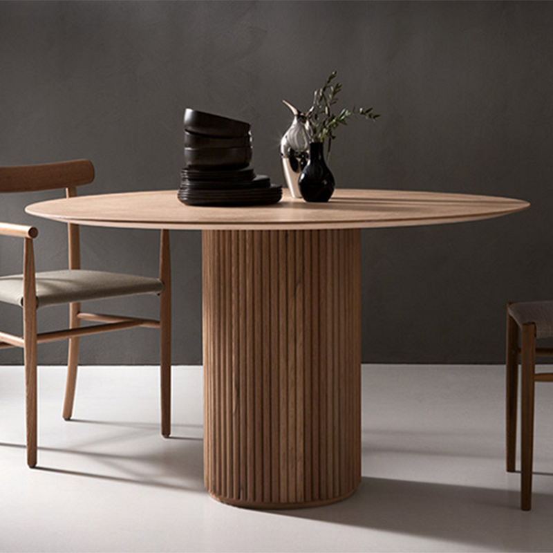 Mesa de comedor redonda contemporánea mesa de madera maciza con base de pedestal