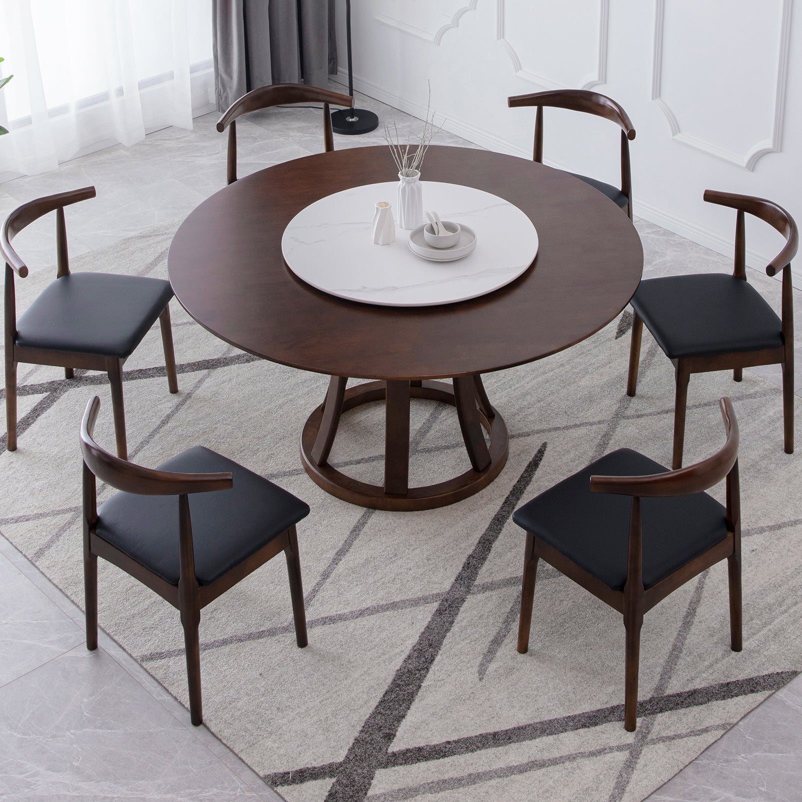 Modern Style Solid Wood Dining Table Brown Round Table with Pedestal Base