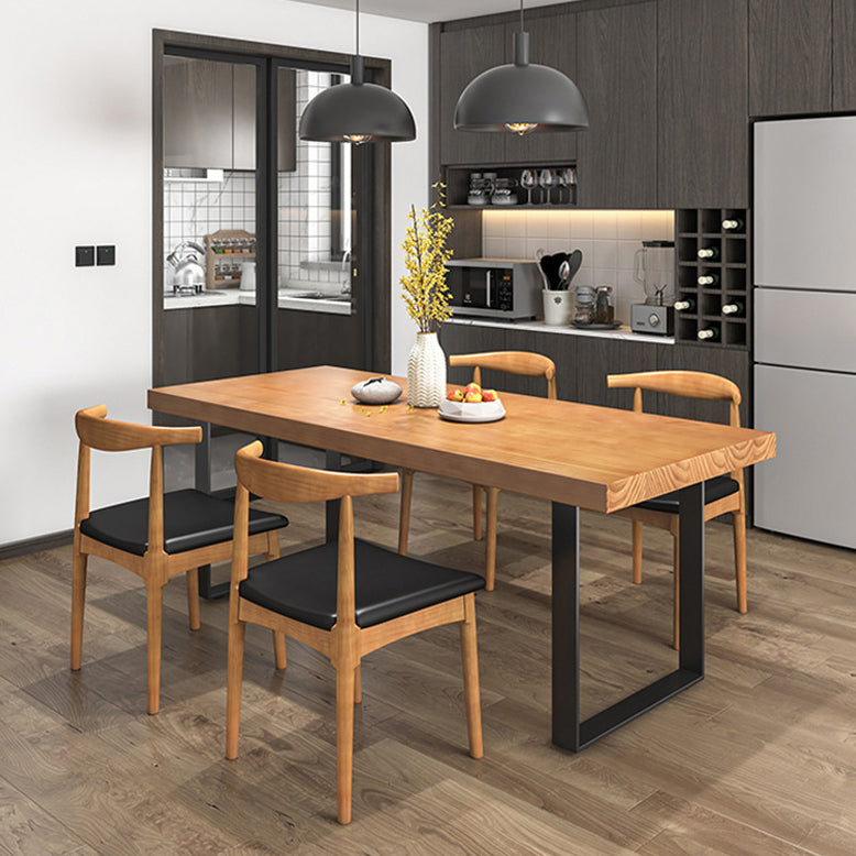 Modern Solid Wood Table Rectangle Dining Table with Metal Double Pedestal Base