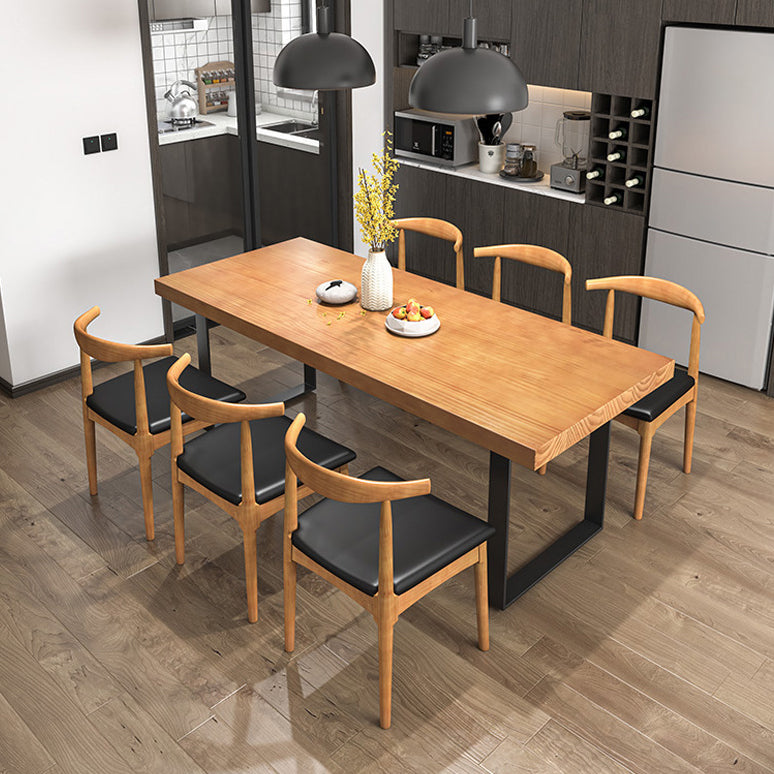 Modern Solid Wood Table Rectangle Dining Table with Metal Double Pedestal Base