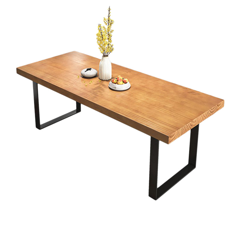 Modern Solid Wood Table Rectangle Dining Table with Metal Double Pedestal Base