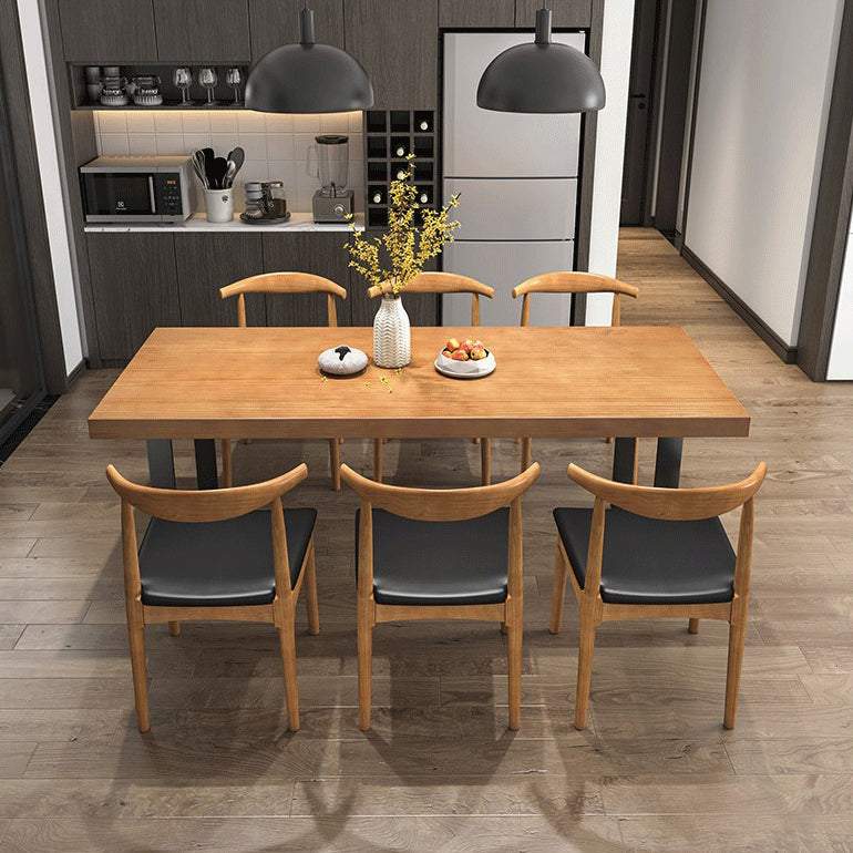 Modern Solid Wood Table Rectangle Dining Table with Metal Double Pedestal Base