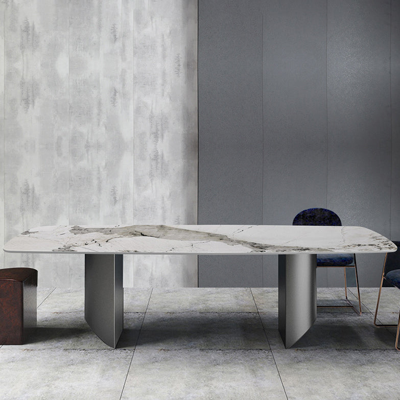 Mesa de comedor de piedra sinterizada de estilo moderno Mesa rectangular con base de pedestal doble