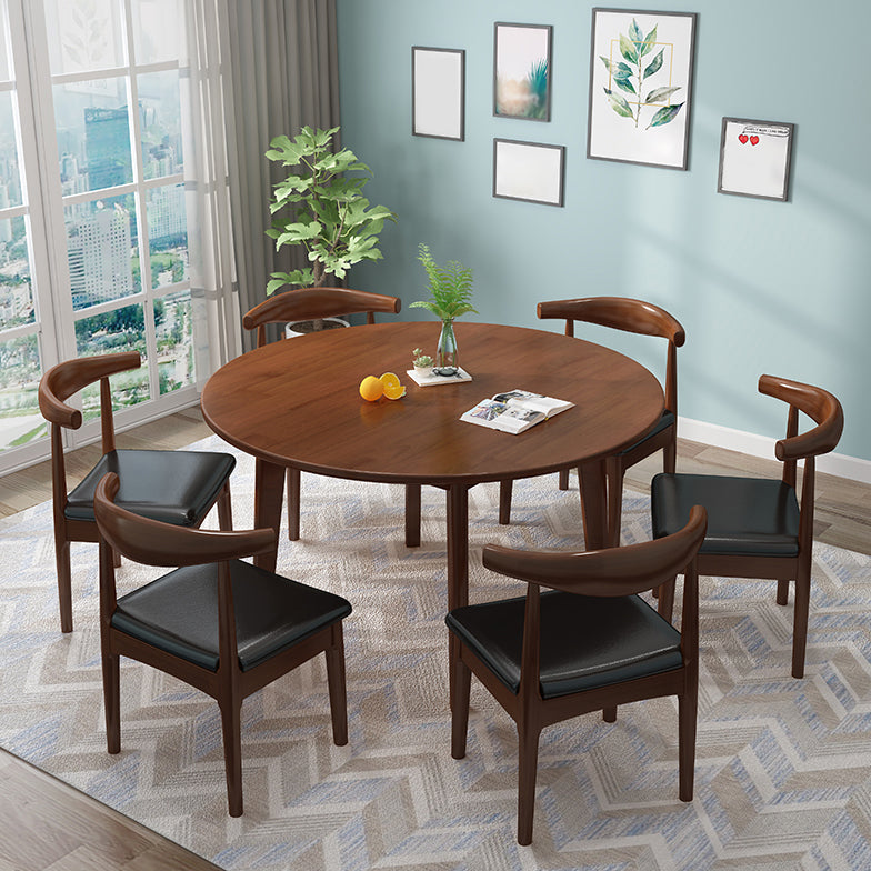 Round Wood Color Dining Table Rubberwood Solid Wood Table Modern with 4 Legs Pedestal
